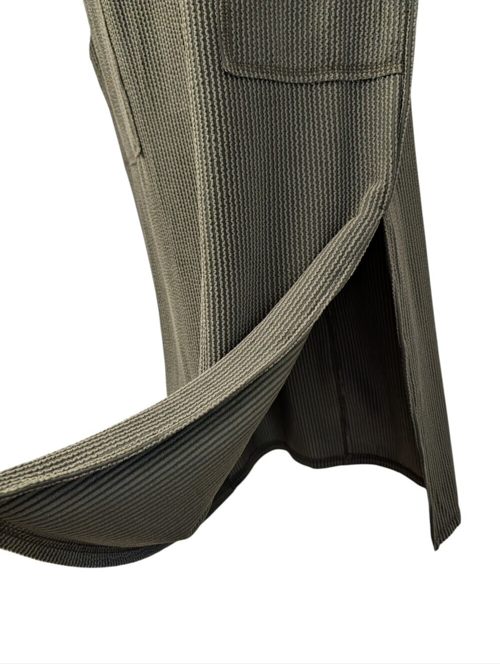 Seetaa Olive Green Ribbed Knit Midi Dress Large Pockets Side Slits Collared NWT - Picture 4 of 9